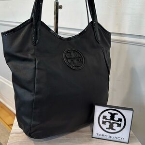 Tory Burch Bag Black Dipped Canvas and Patent Leather Trimmed Tote Bag
